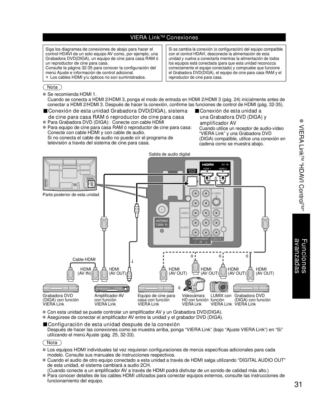 Panasonic TC P50U1 Viera LinkTM Conexiones, Amplificador AV, Configuración de esta unidad después de la conexión 