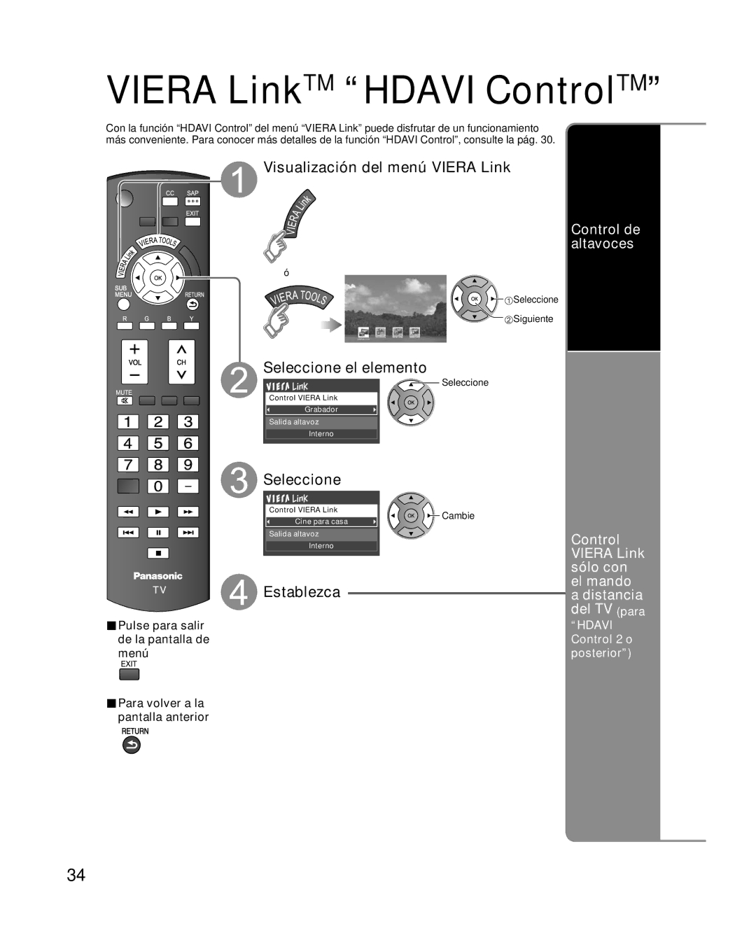 Panasonic TC P50U1 quick start Visualización del menú Viera Link, Seleccione, Establezca 