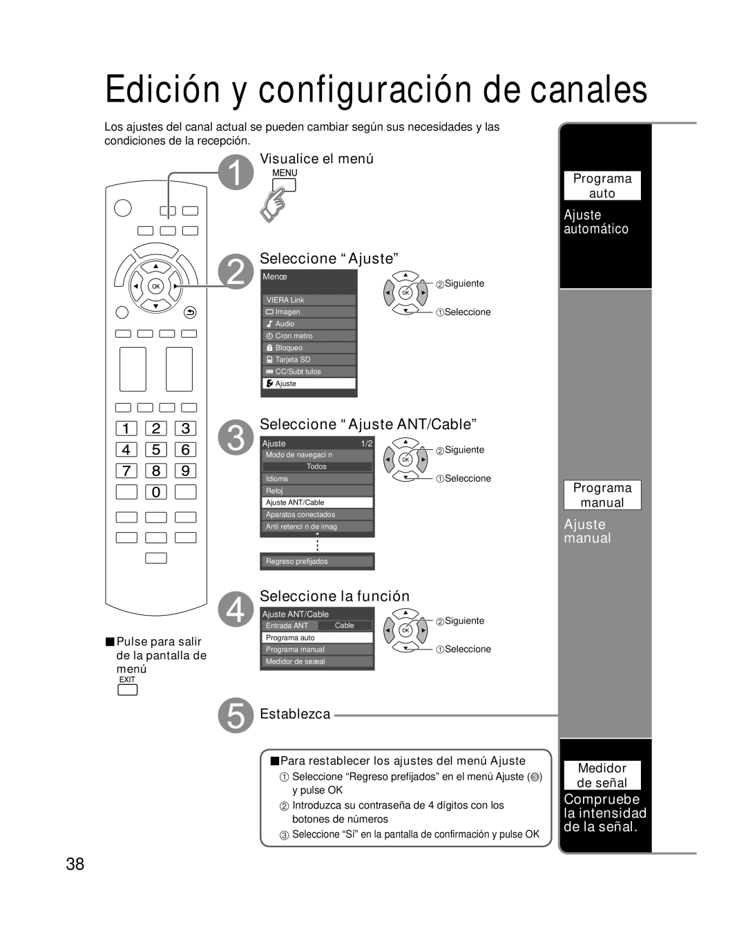 Panasonic TC P50U1 quick start Seleccione Ajuste ANT/Cable, Ajuste automático, Para restablecer los ajustes del menú Ajuste 