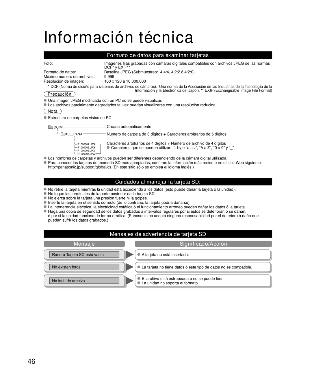 Panasonic TC P50U1 quick start Formato de datos para examinar tarjetas, Cuidados al manejar la tarjeta SD 