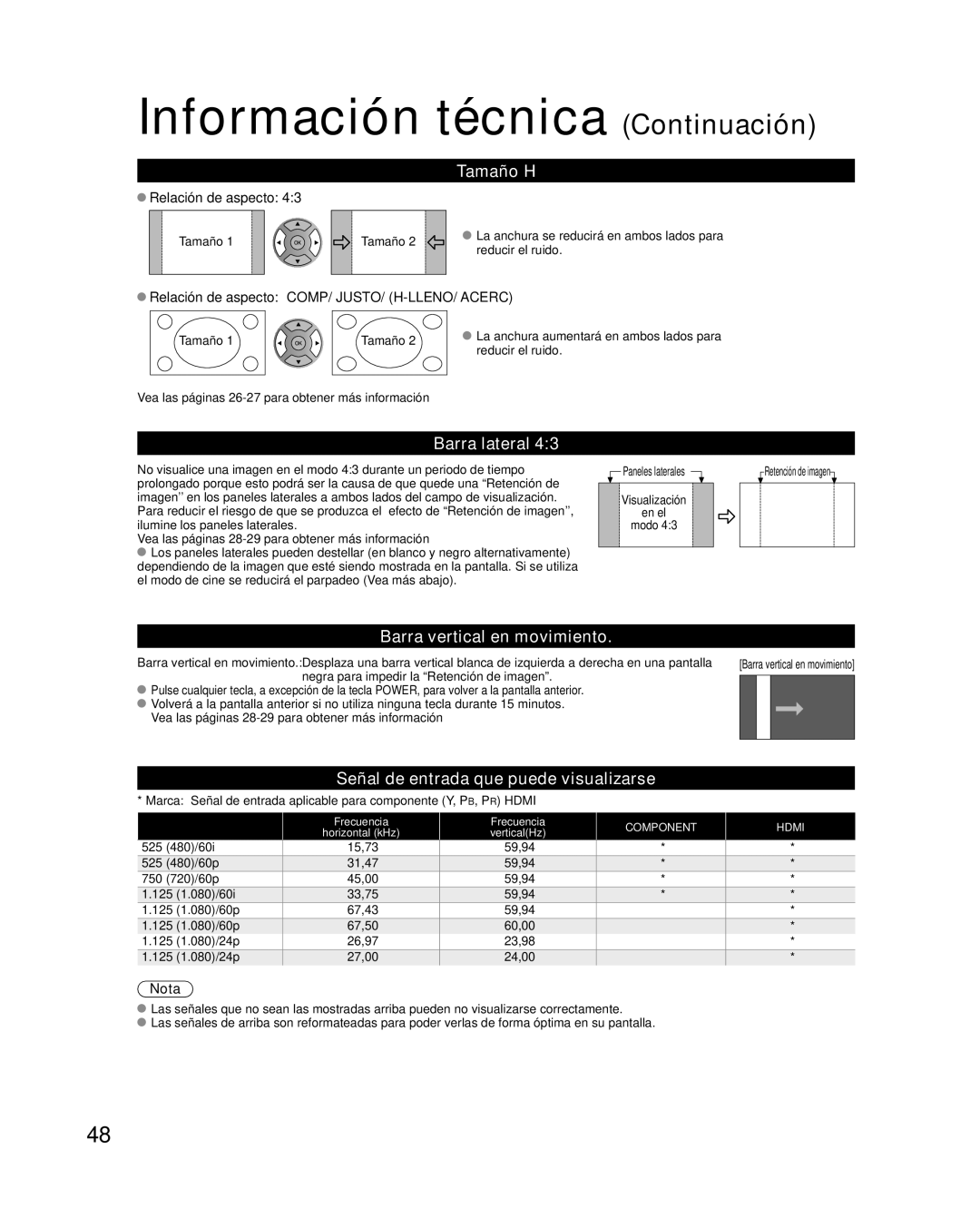 Panasonic TC P50U1 quick start Información técnica Continuación, Tamaño H, Barra lateral, Barra vertical en movimiento 