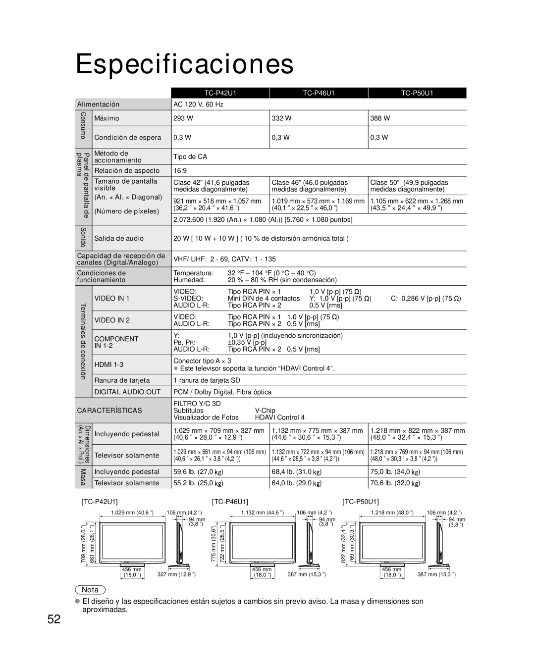 Panasonic TC P50U1 quick start Especificaciones 