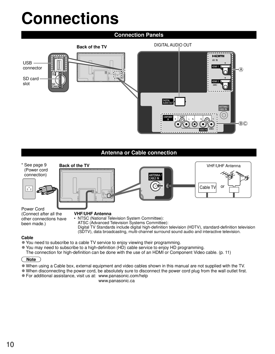 Panasonic TC-P50U50 owner manual Connections, Connection Panels, Antenna or Cable connection 