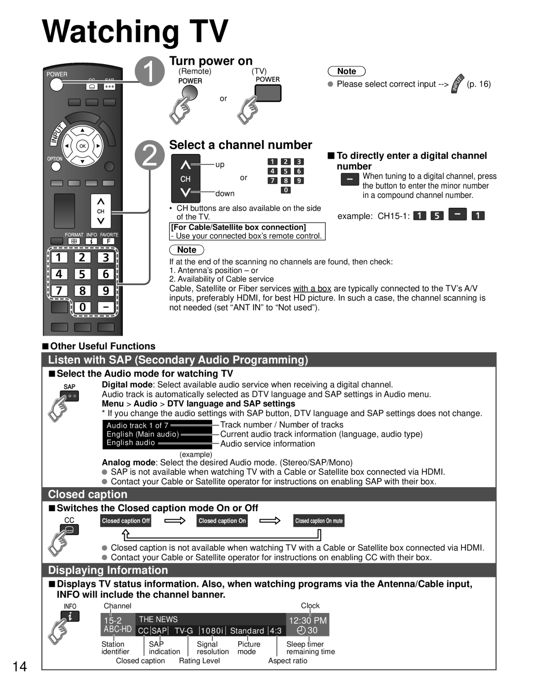 Panasonic TC-P50U50 owner manual Watching TV, Turn power on, Select a channel number 