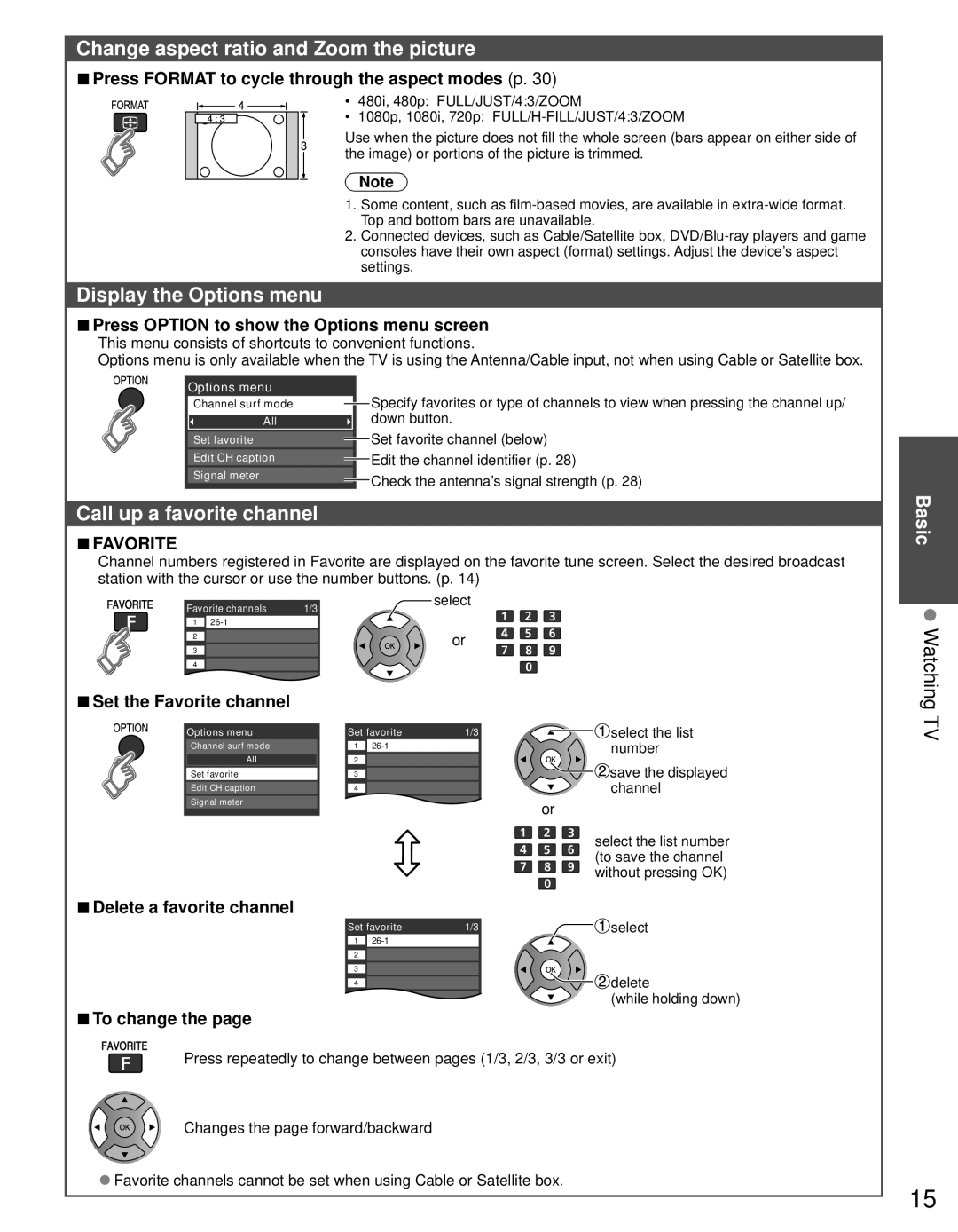 Panasonic TC-P50U50 Change aspect ratio and Zoom the picture, Display the Options menu, Call up a favorite channel, Basic 