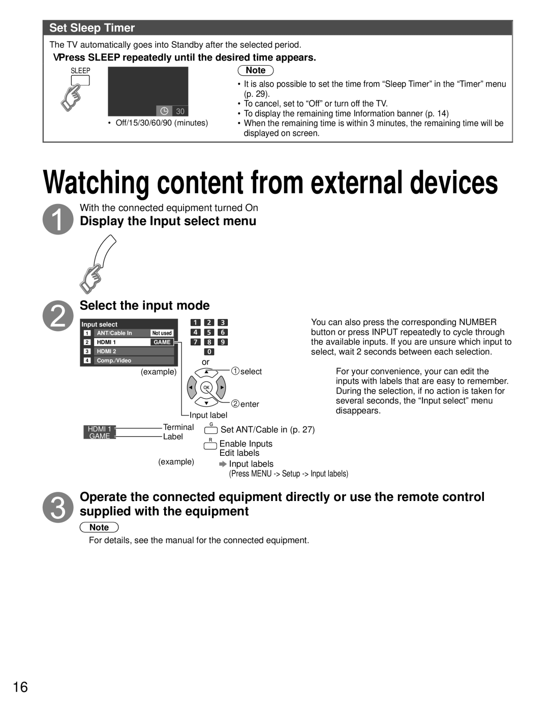 Panasonic TC-P50U50 owner manual Display the Input select menu Select the input mode, Set Sleep Timer 