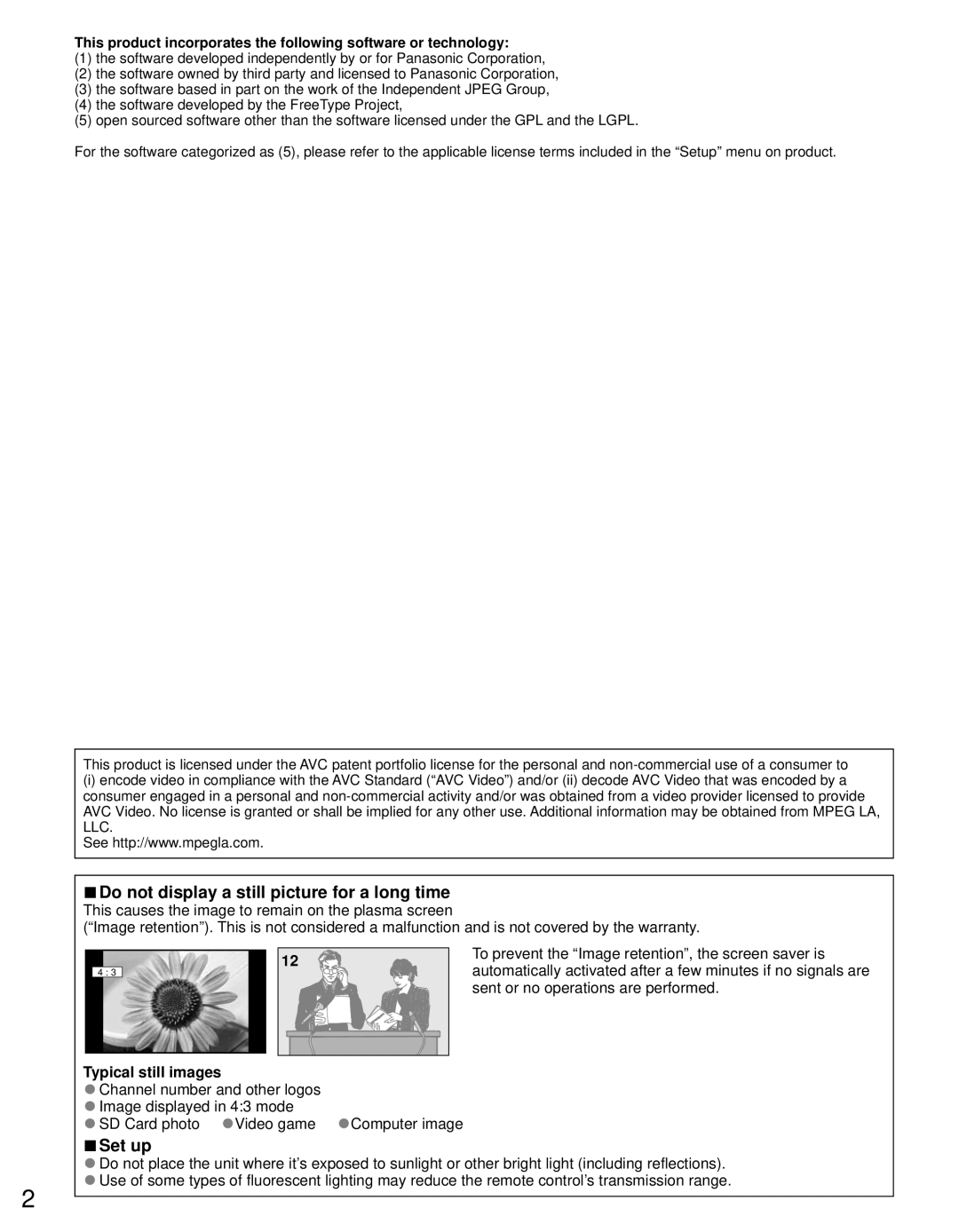 Panasonic TC-P50U50 Do not display a still picture for a long time, Set up, Sent or no operations are performed 