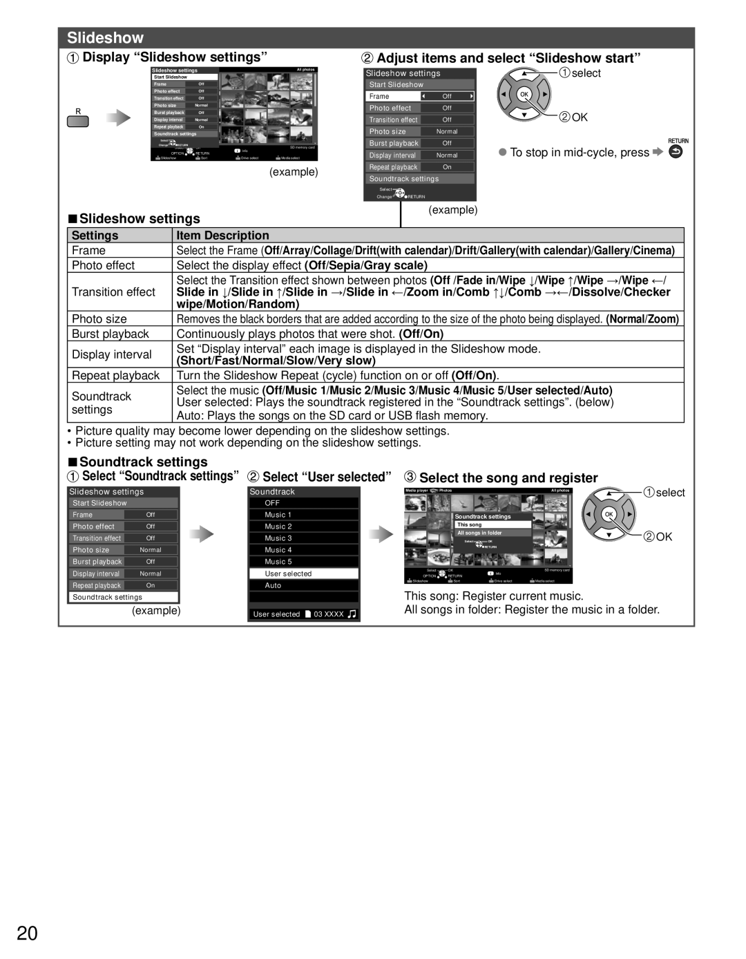 Panasonic TC-P50U50 owner manual Slideshow settings, Settings Item Description, Wipe/Motion/Random 