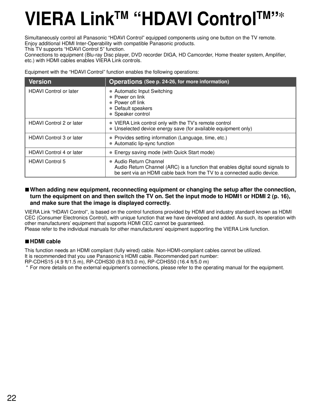 Panasonic TC-P50U50 owner manual Viera LinkTM Hdavi ControlTM, Version, Hdmi cable, Equipment only 