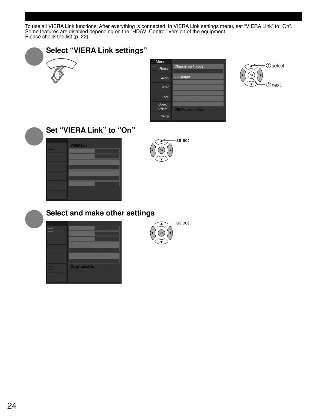 Panasonic TC-P50U50 owner manual Select Viera Link settings, Set Viera Link to On, Select and make other settings, Next 