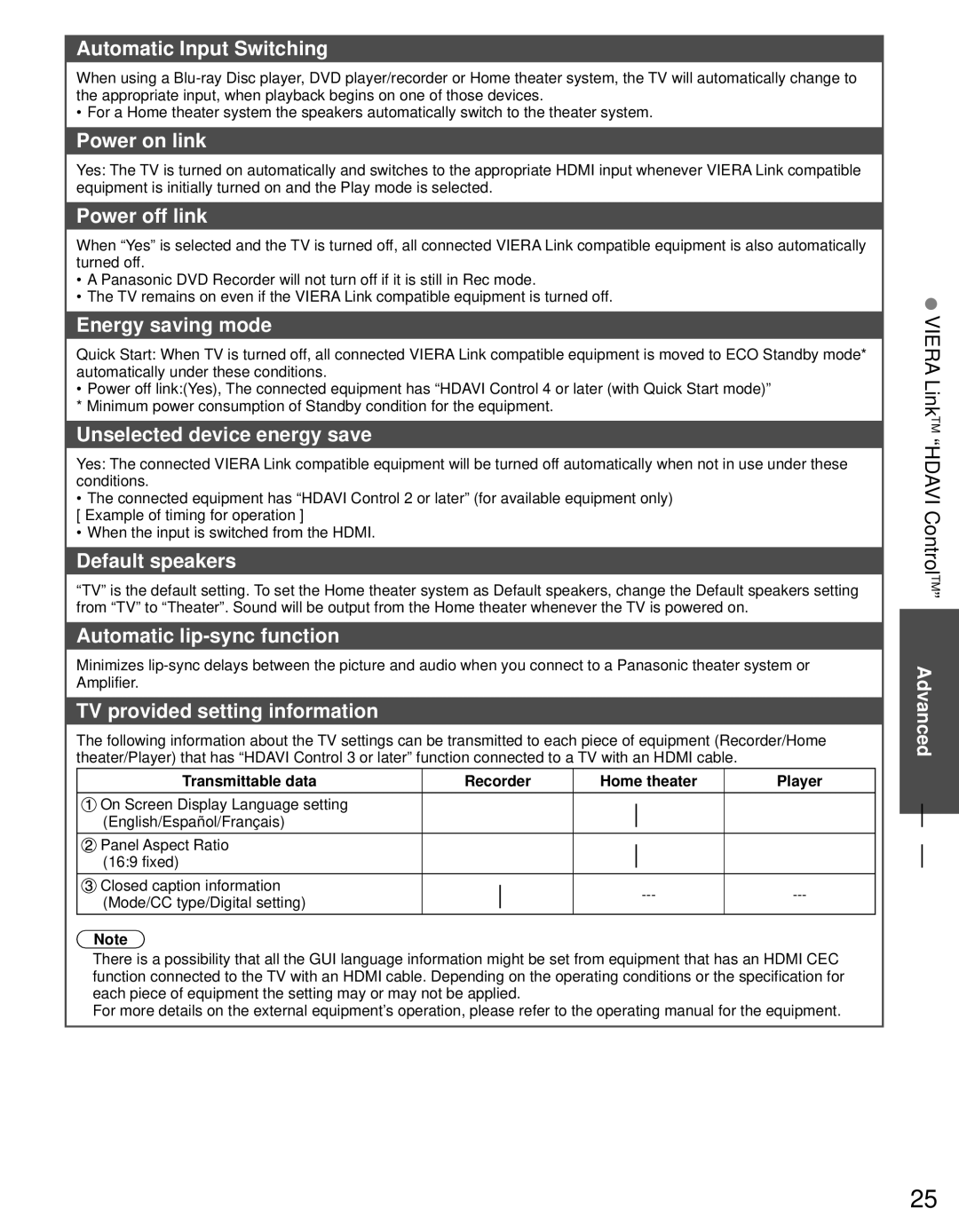 Panasonic TC-P50U50 Automatic Input Switching, Power on link, Power off link, Energy saving mode, Default speakers 