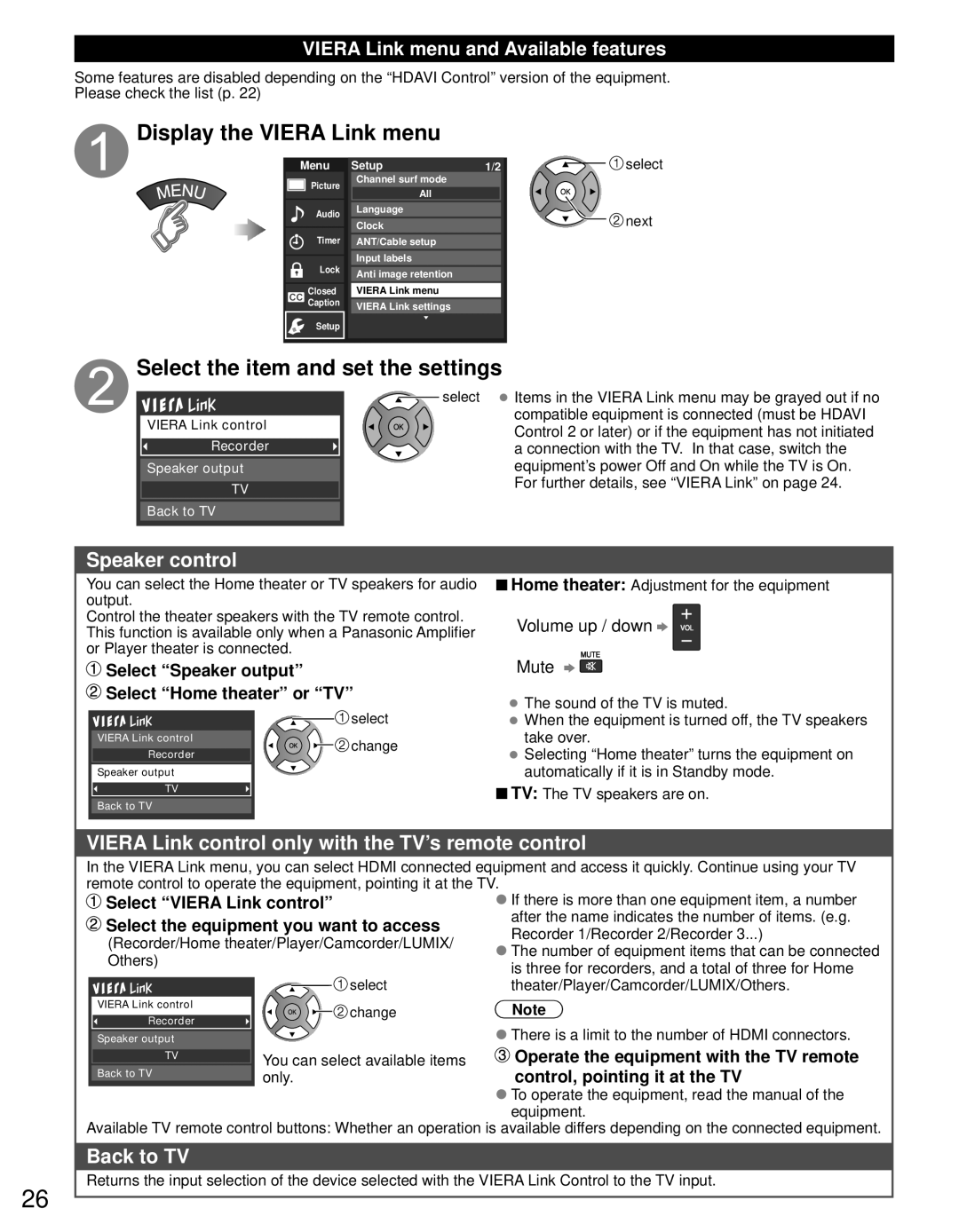 Panasonic TC-P50U50 Display the Viera Link menu, Select the item and set the settings, Speaker control, Back to TV 