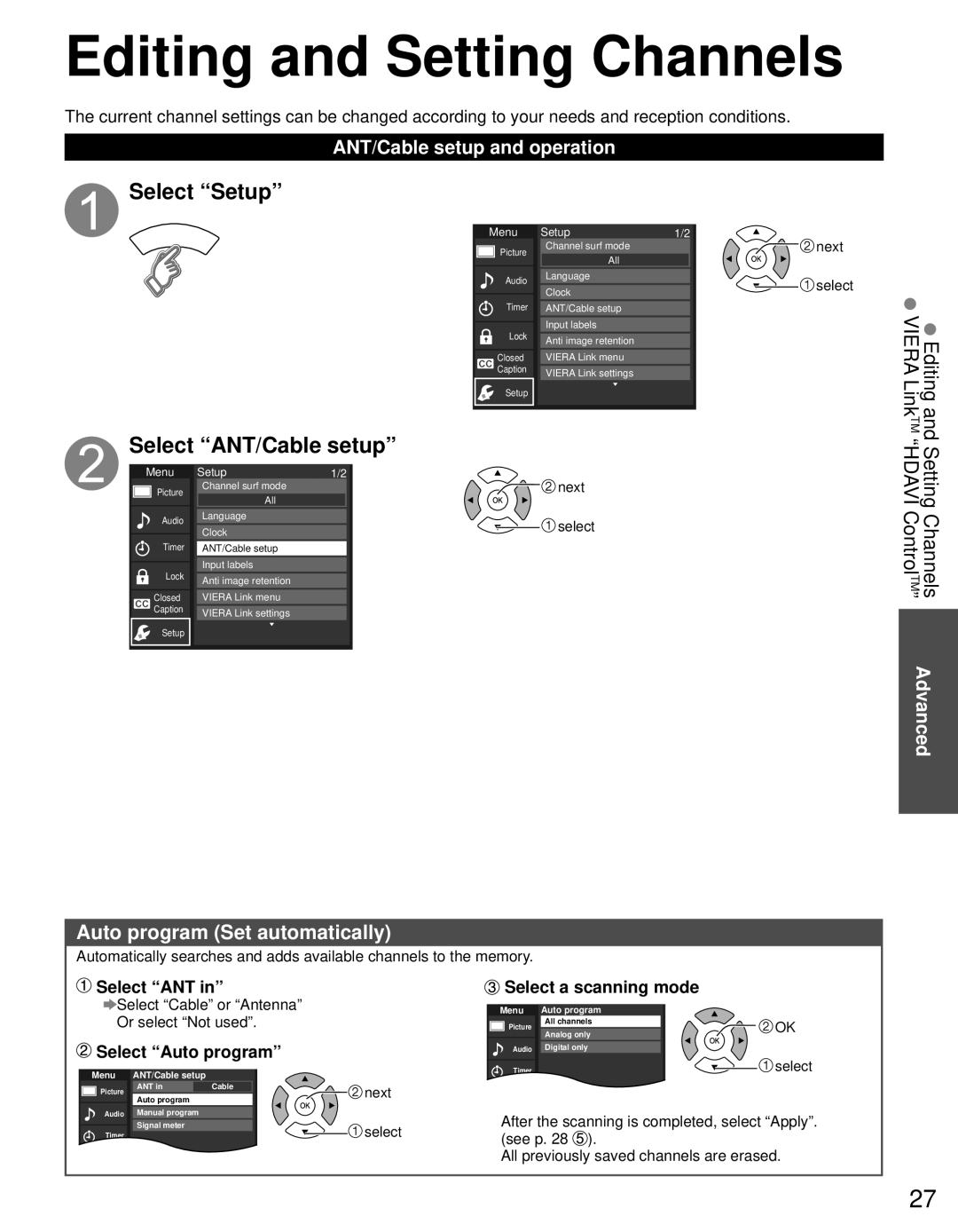 Panasonic TC-P50U50 Editing and Setting Channels, Select Setup, Select ANT/Cable setup, Auto program Set automatically 