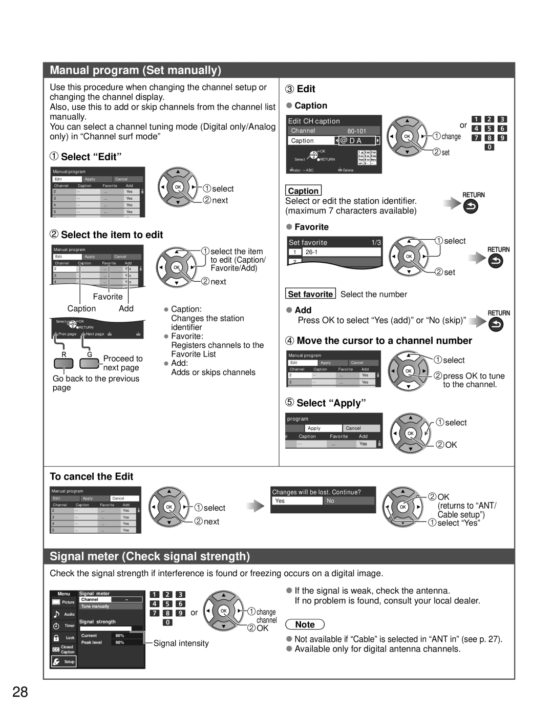 Panasonic TC-P50U50 owner manual Manual program Set manually, Signal meter Check signal strength 