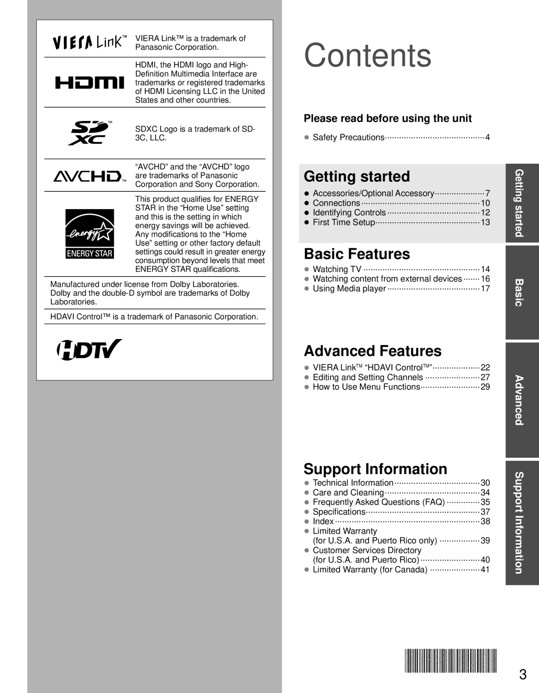 Panasonic TC-P50U50 owner manual Contents 