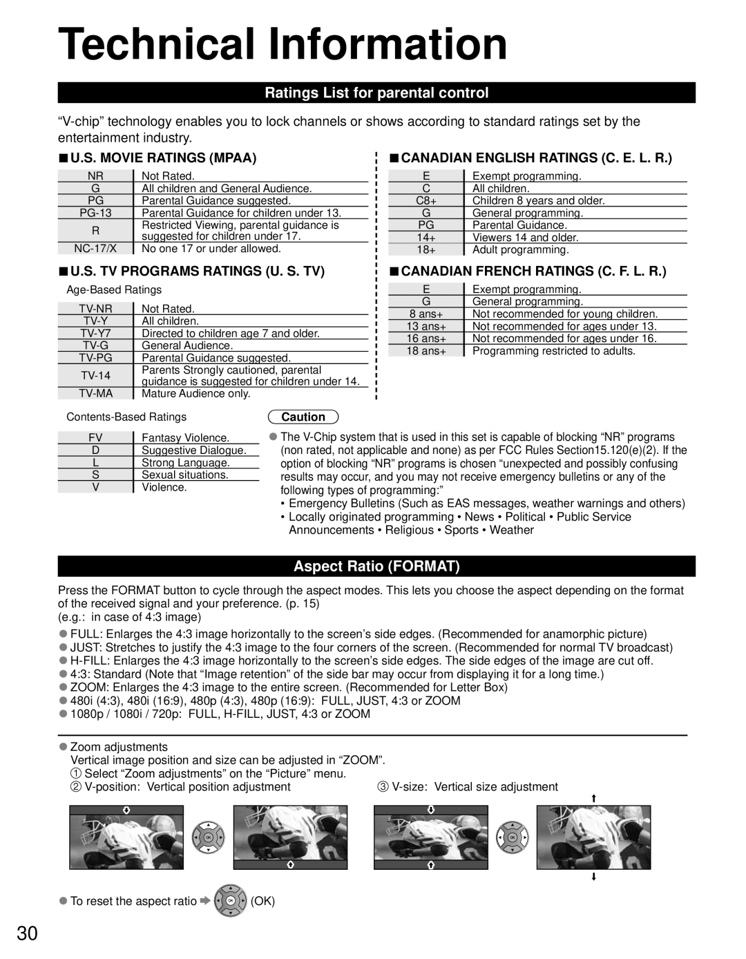 Panasonic TC-P50U50 owner manual Technical Information, Ratings List for parental control, Aspect Ratio Format 