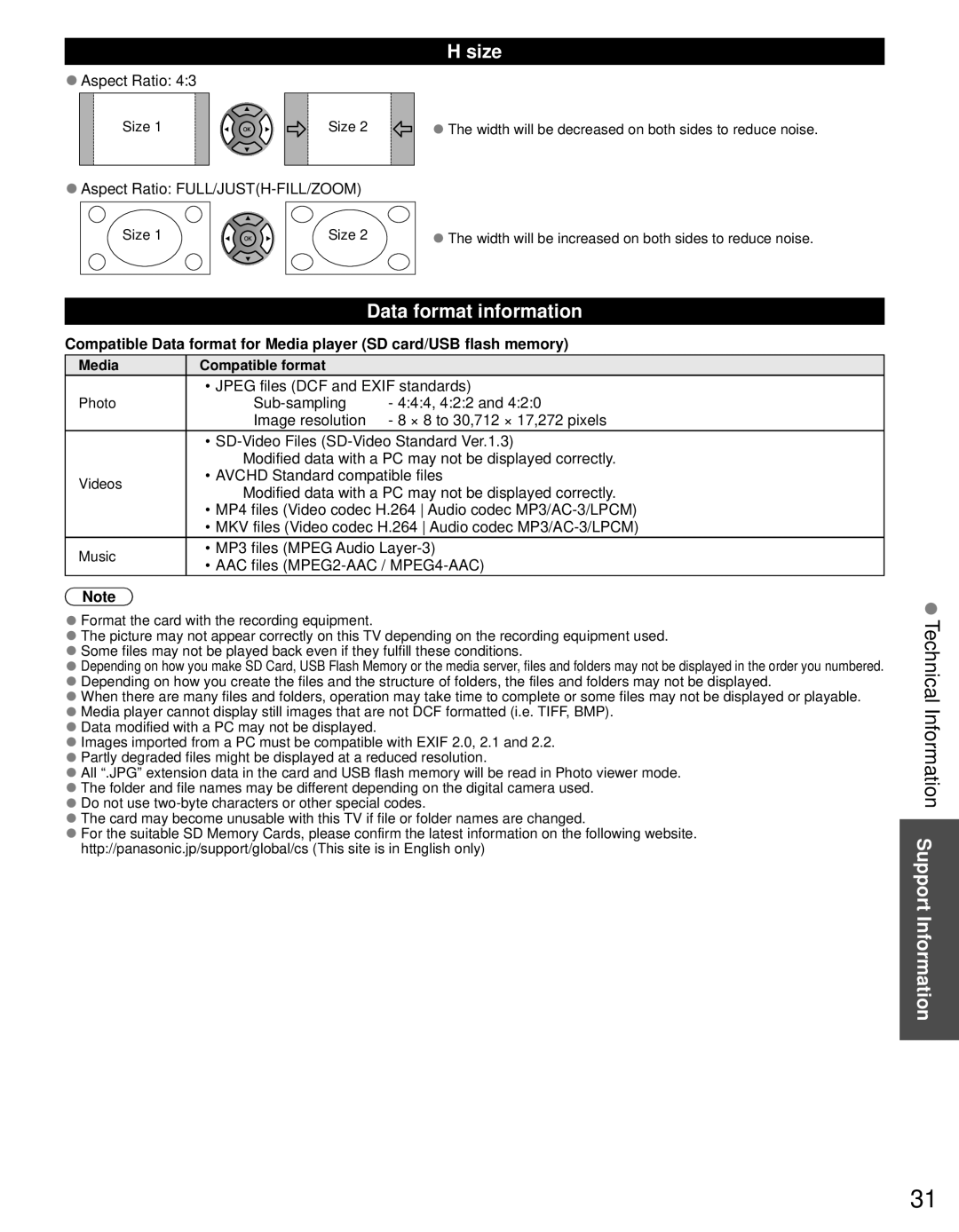 Panasonic TC-P50U50 owner manual Technical Information Support Information, Size, Data format information 