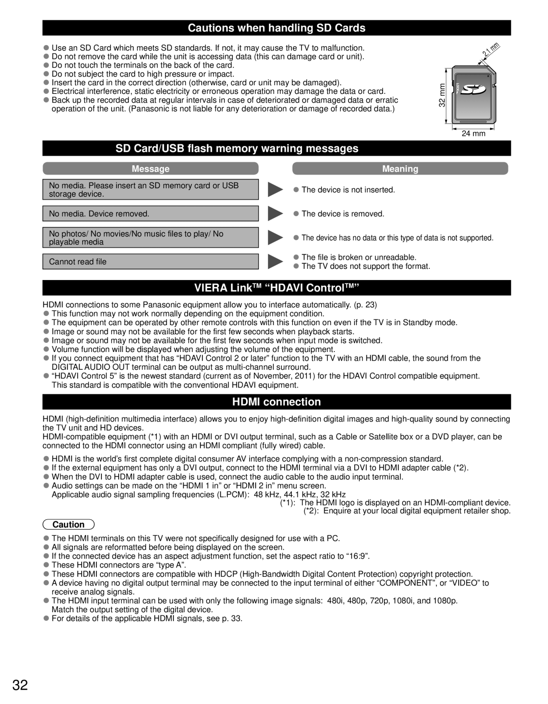 Panasonic TC-P50U50 owner manual SD Card/USB flash memory warning messages, Viera LinkTM Hdavi ControlTM, Hdmi connection 