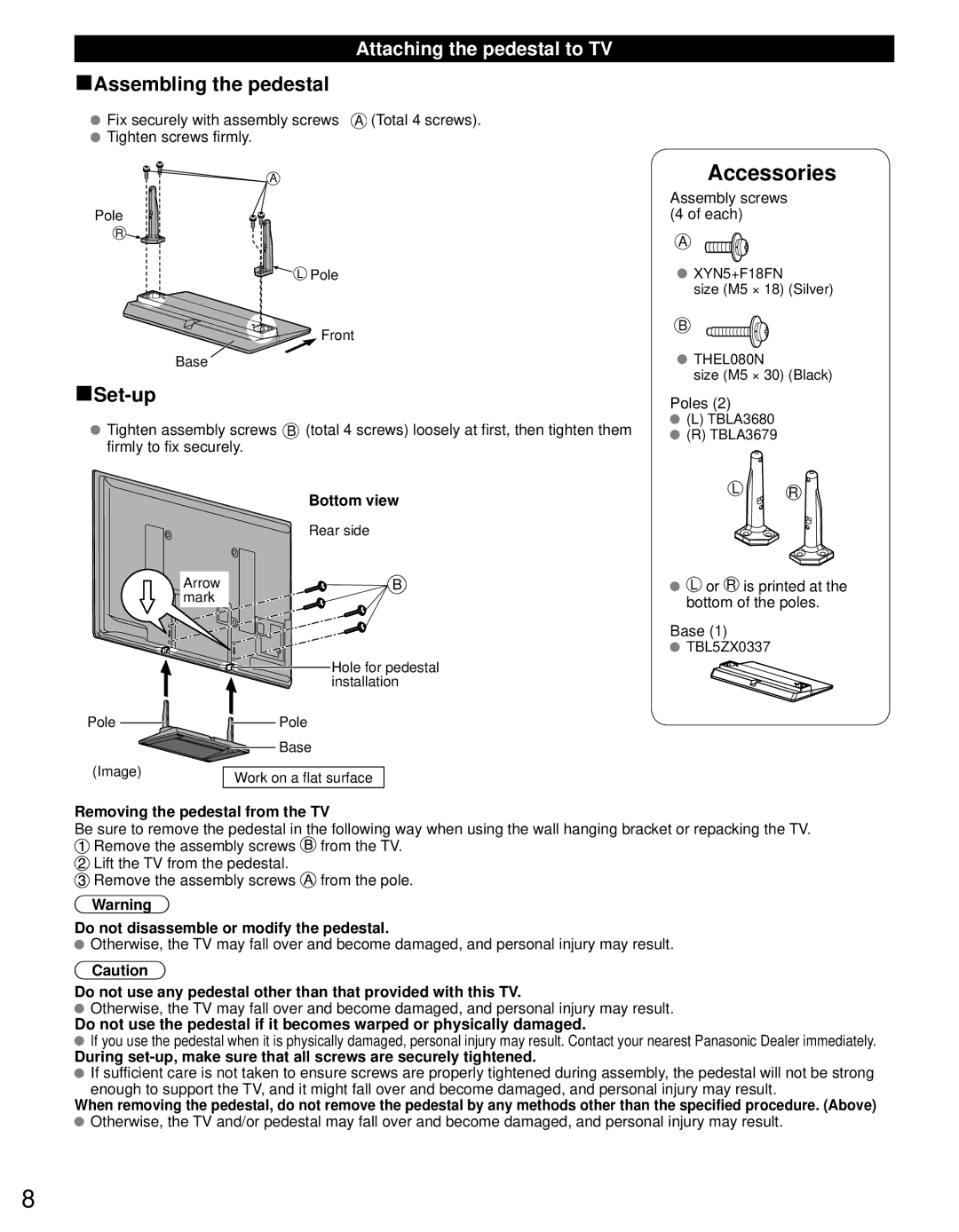 Panasonic TC-P50U50 owner manual Attaching the pedestal to TV, Poles, Or R is printed at the bottom of the poles Base 