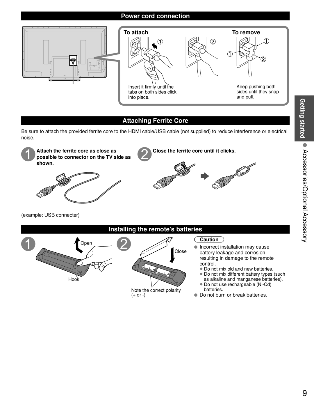 Panasonic TC-P50U50 Getting started Accessories/Optional Accessory, Power cord connection, Attaching Ferrite Core 