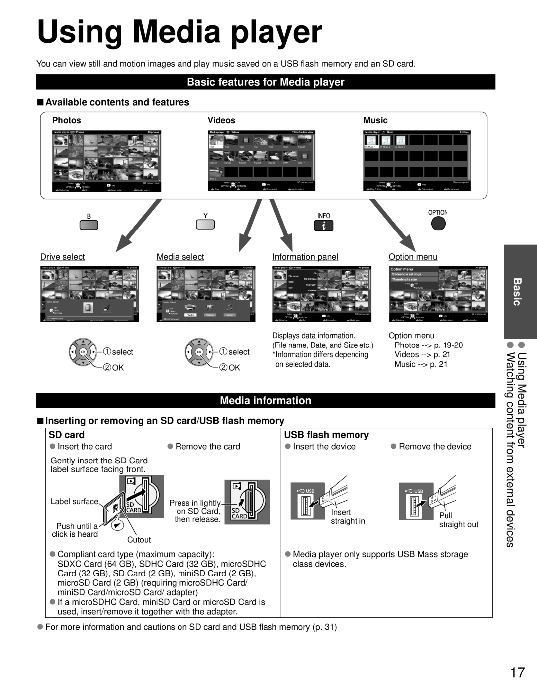 Panasonic TC-P50U50 Using Media player, Basic features for Media player, Media information, Using Watching, SD card 