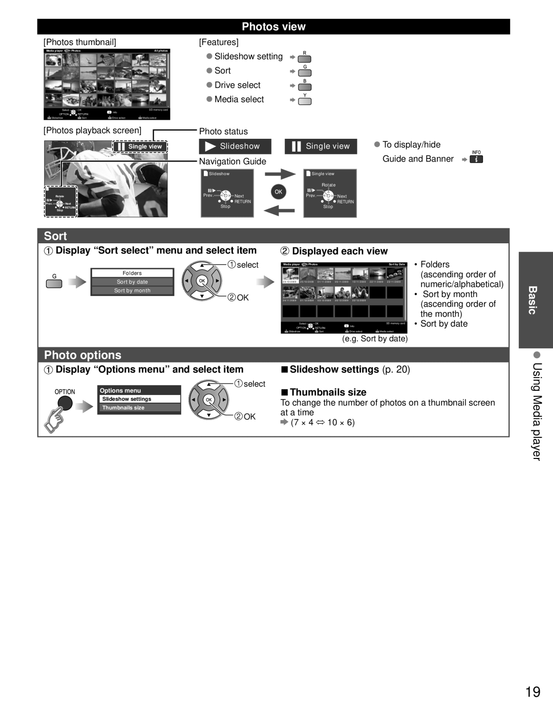 Panasonic TC-P50U50 Photo options, Photos view, Basic, Display “Sort select” menu and select item, Displayed each view 