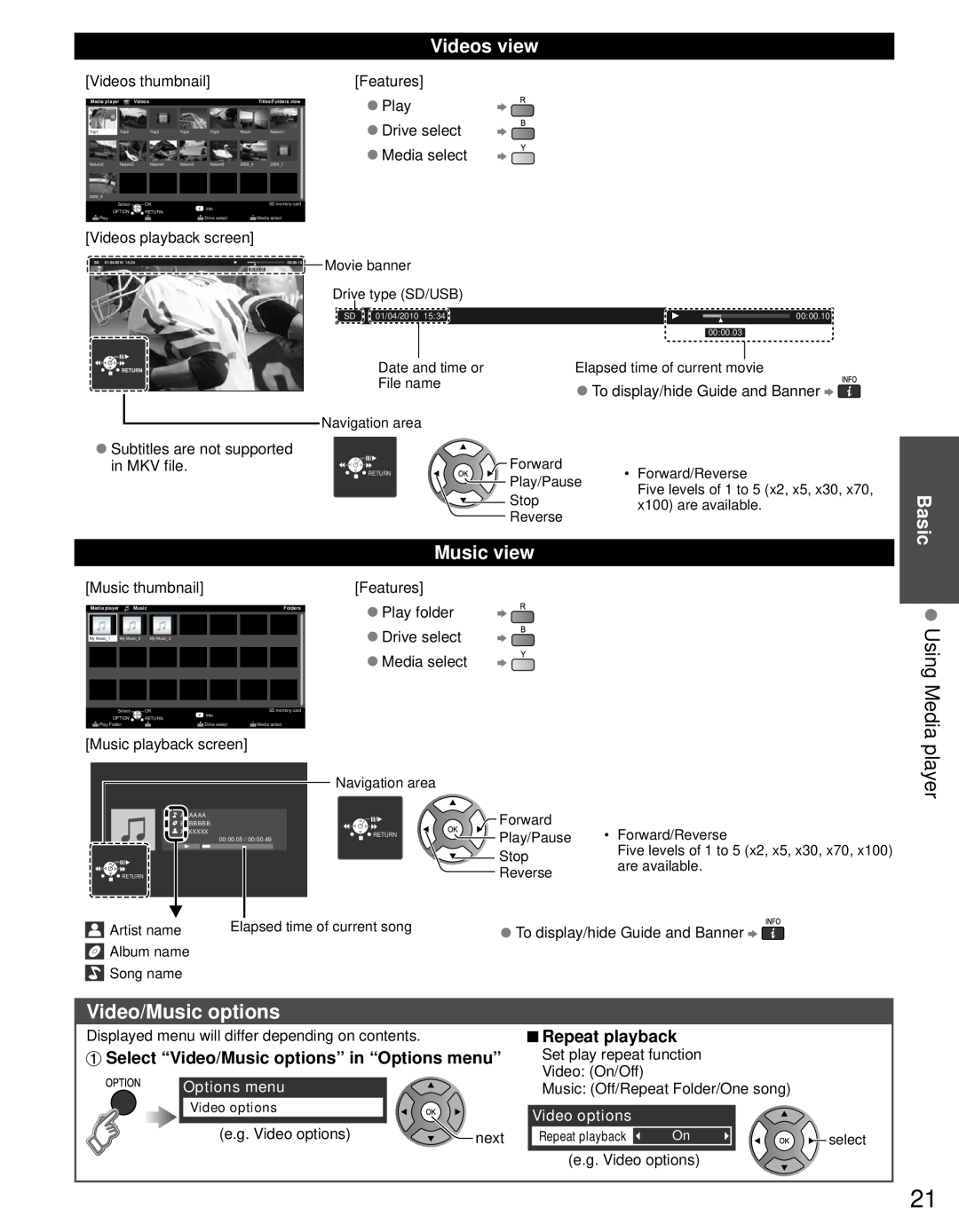 Panasonic TC-P50U50 owner manual Video/Music options, Videos view, Music view, Using Media, Repeat playback, Options menu 
