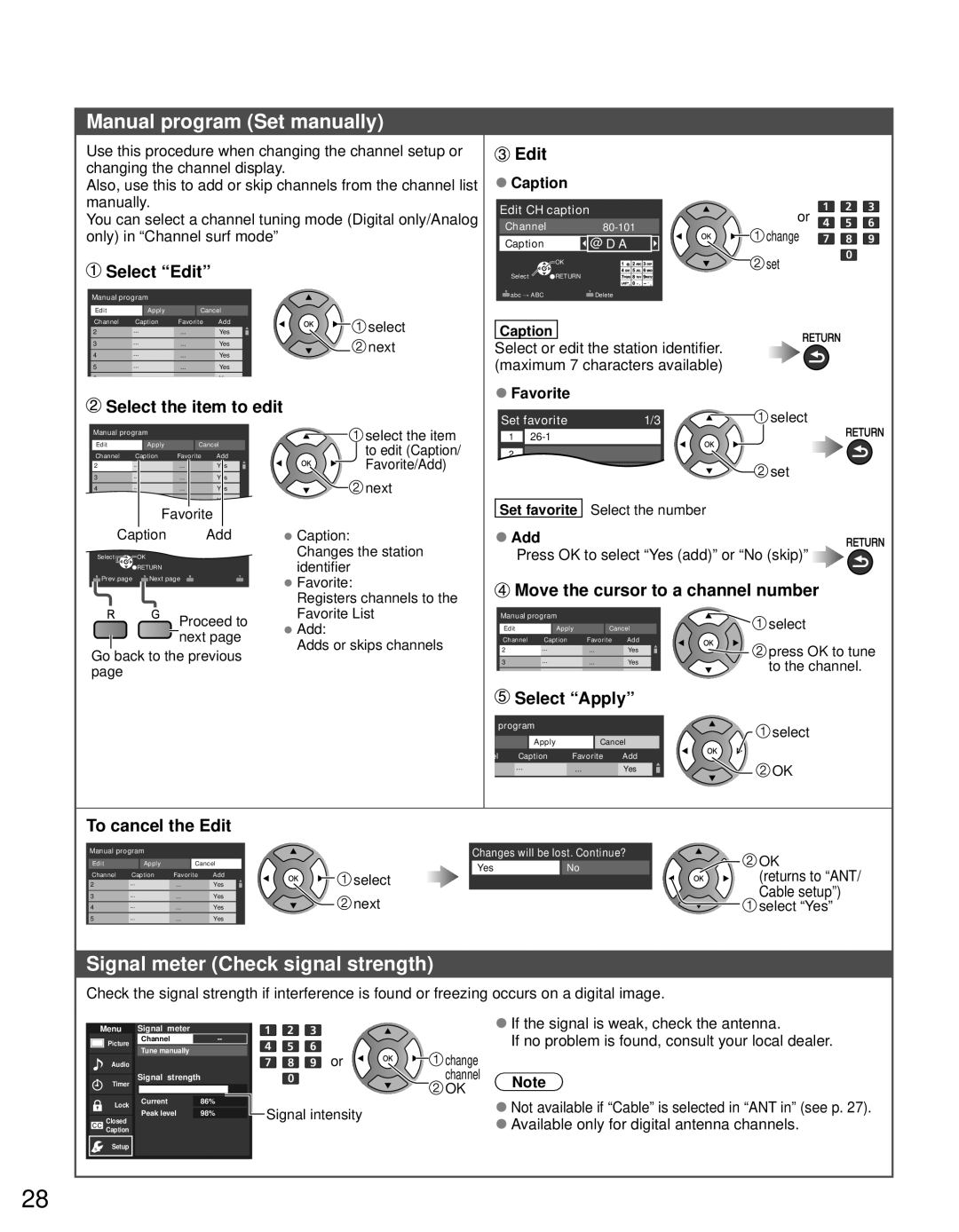 Panasonic TC-P50U50 Manual program Set manually, Signal meter Check signal strength, Select “Edit”, Select “Apply” 