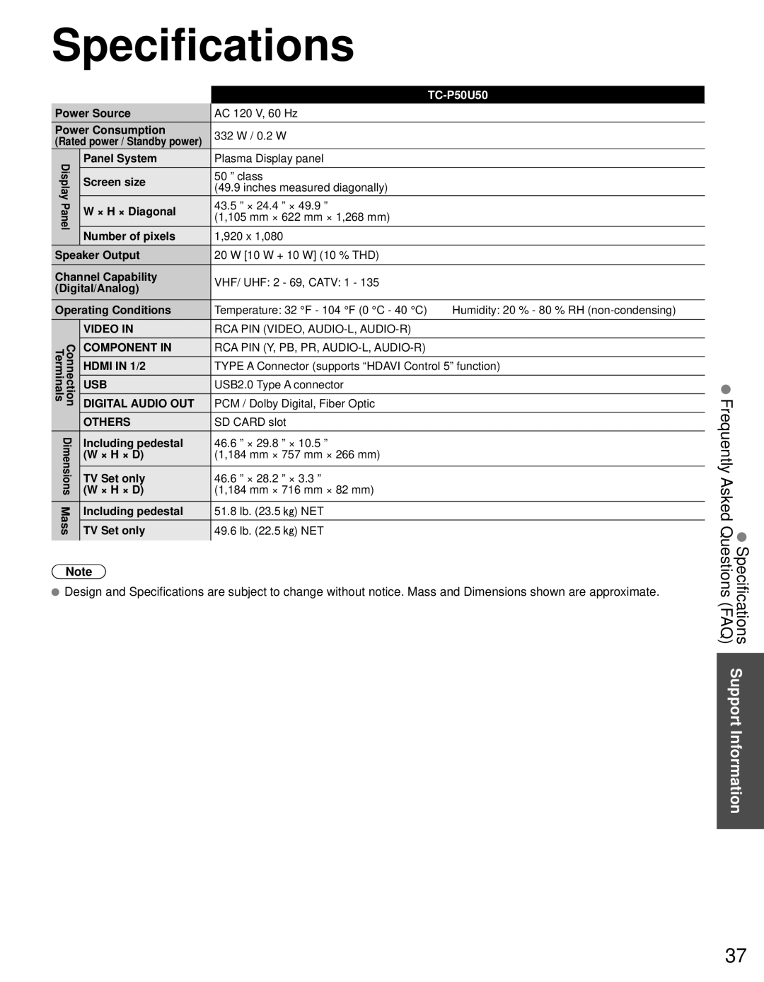 Panasonic TC-P50U50 owner manual Specifications 