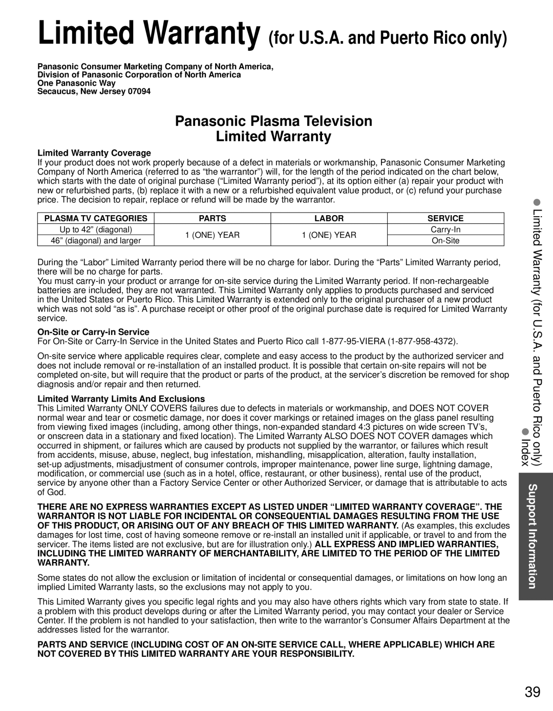 Panasonic TC-P50U50 Limited Warranty for U.S.A. and Puerto Rico only, Panasonic Plasma Television Limited Warranty 