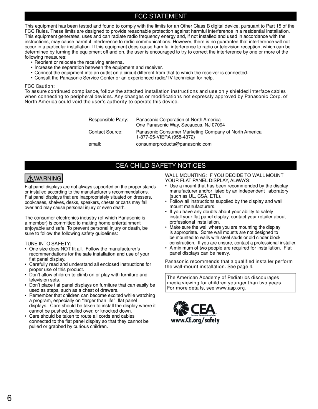 Panasonic TC-P50U50 owner manual Fcc Statement, Cea Child Safety Notices, FCC Caution, Tune Into Safety 