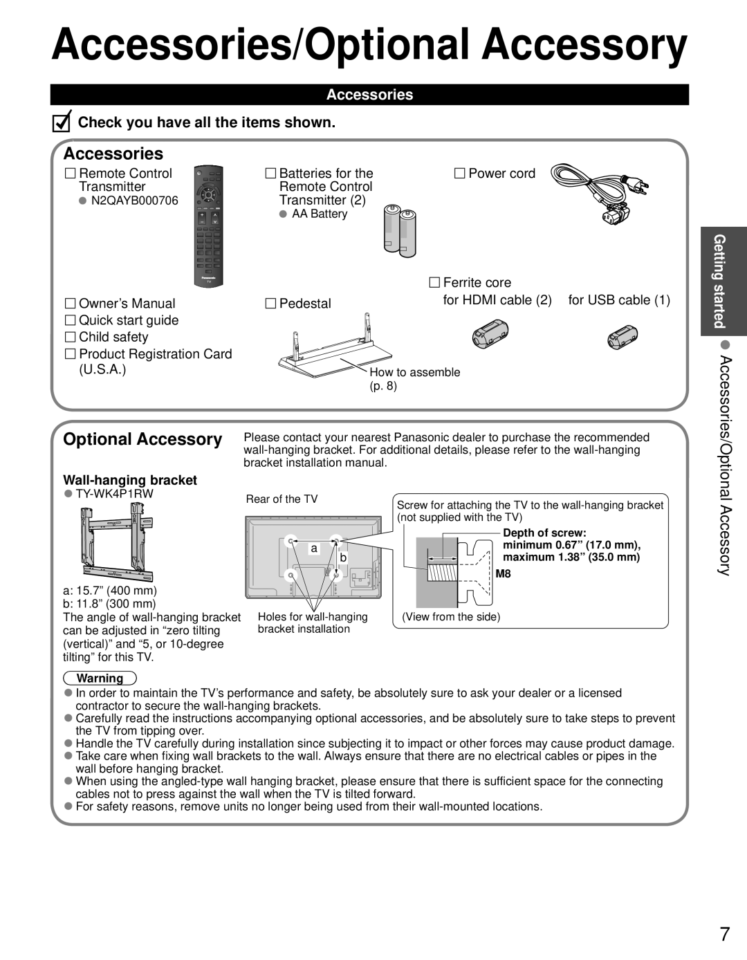 Panasonic TC-P50U50 owner manual Accessories/Optional Accessory, Check you have all the items shown, Wall-hanging bracket 