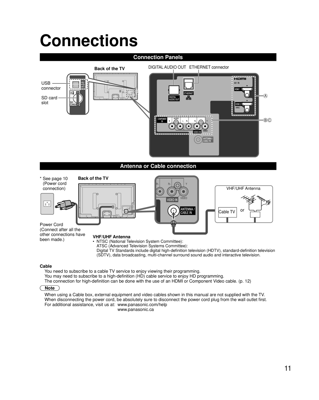 Panasonic TC-P42UT50, TC-P50UT50 owner manual Connections, Connection Panels, Antenna or Cable connection 