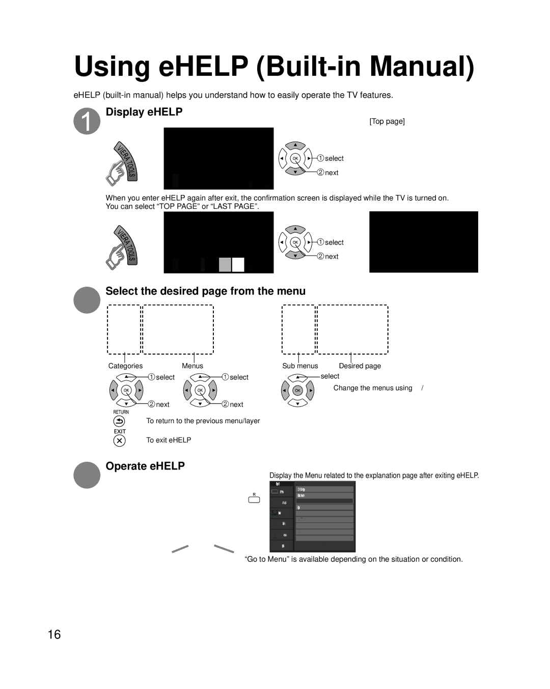 Panasonic TC-P50UT50 Using eHELP Built-in Manual, Display eHELP, Select the desired page from the menu, Operate eHELP 