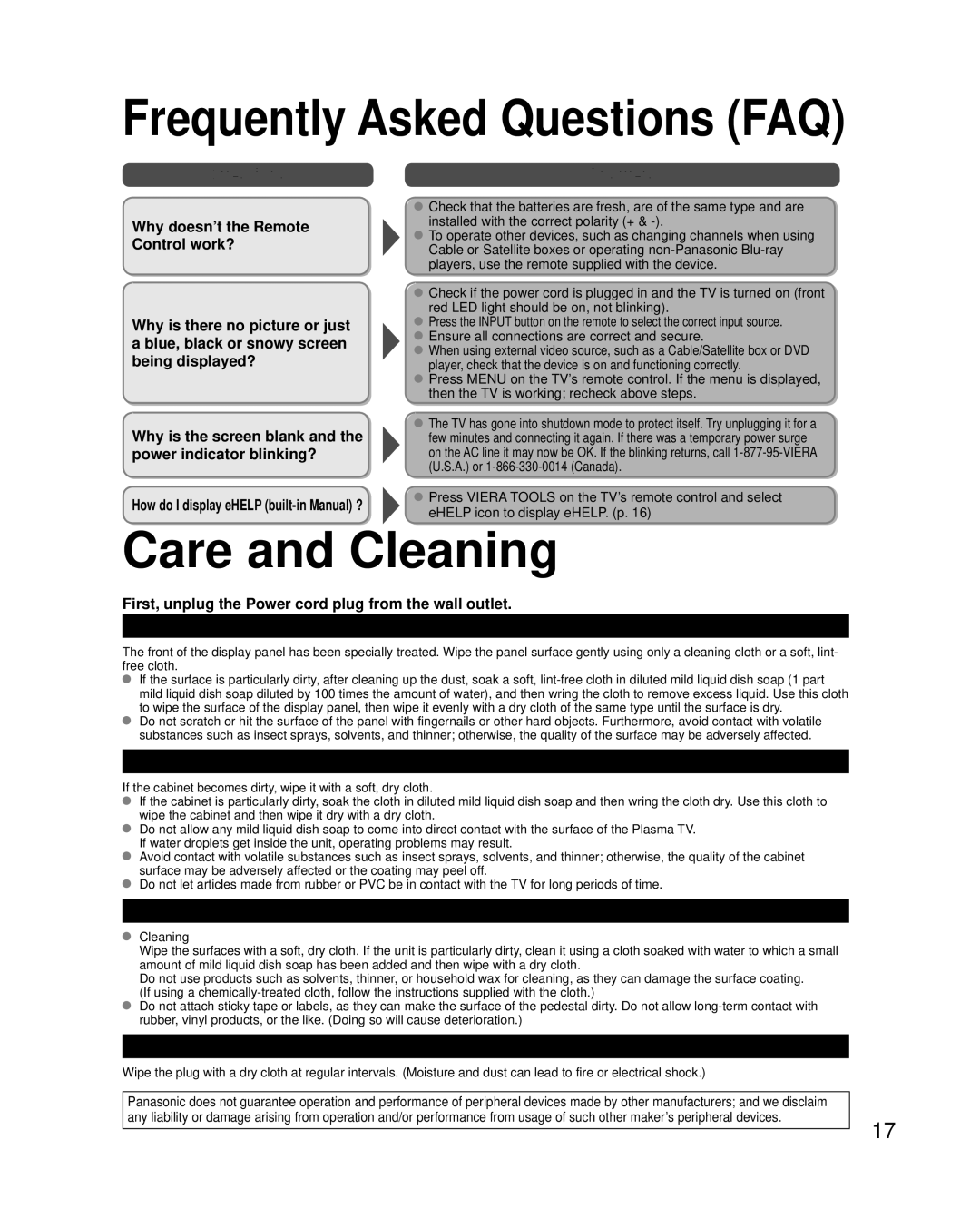 Panasonic TC-P42UT50, TC-P50UT50 owner manual Care and Cleaning 