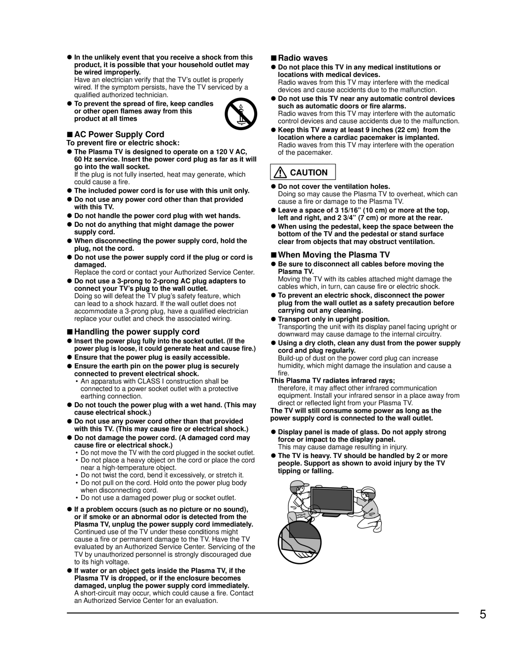 Panasonic TC-P42UT50 AC Power Supply Cord, Handling the power supply cord, Radio waves, When Moving the Plasma TV 