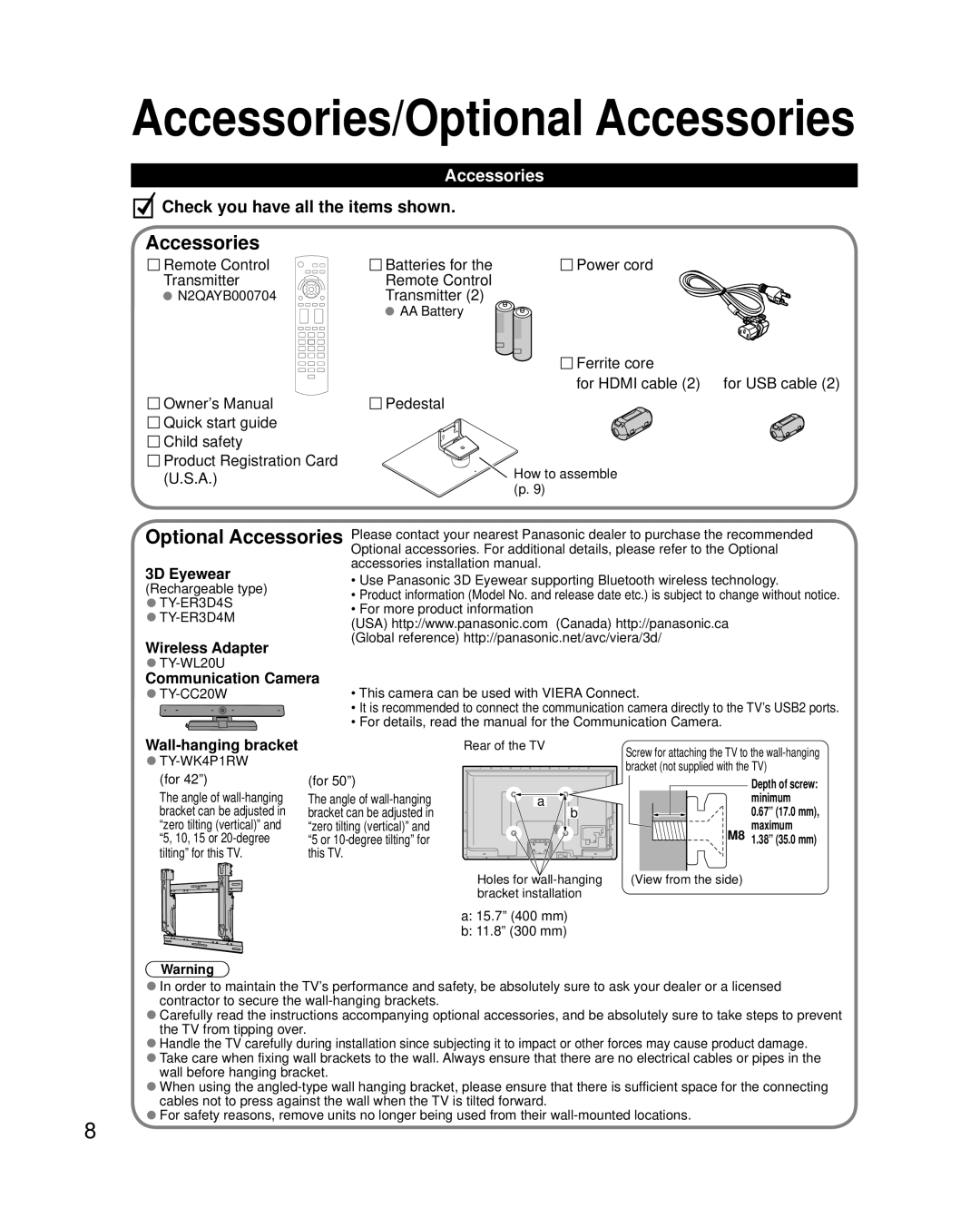 Panasonic TC-P50UT50, TC-P42UT50 owner manual Optional Accessories 