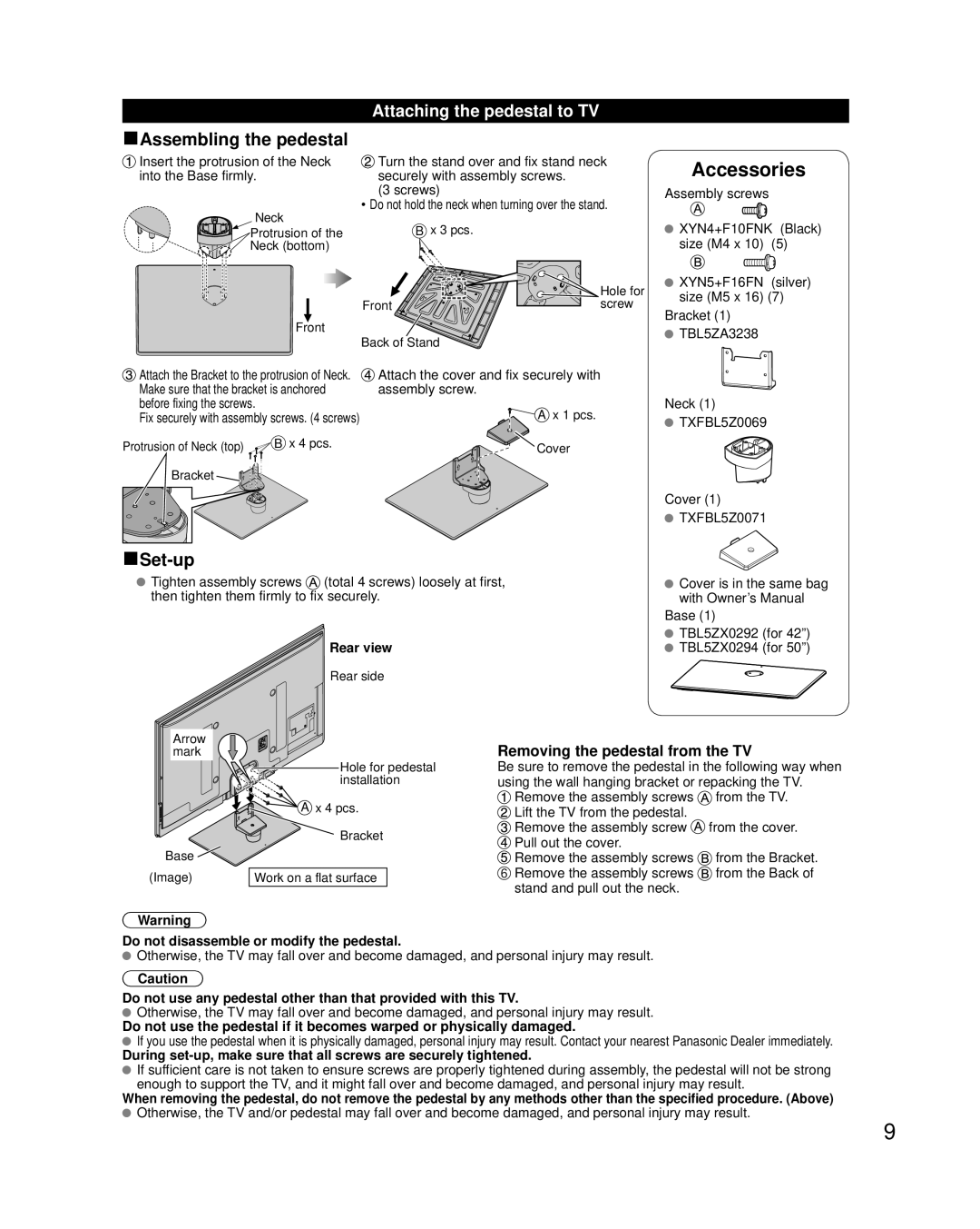 Panasonic TC-P42UT50, TC-P50UT50 owner manual Attaching the pedestal to TV, Removing the pedestal from the TV, Rear view 