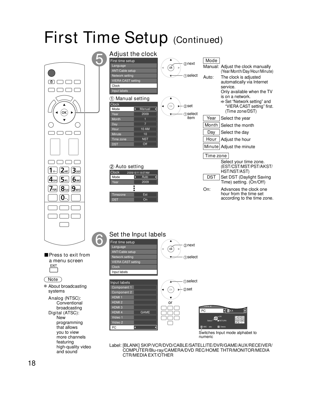 Panasonic TC-P50V10, TC-P54V10 quick start Adjust the clock, Set the Input labels, Manual setting, Auto setting 