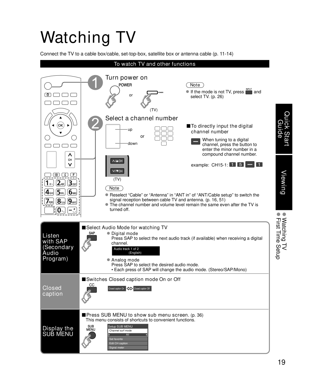 Panasonic TC-P54V10, TC-P50V10 quick start Watching TV, Turn power on, Select a channel number, Closed caption Display 