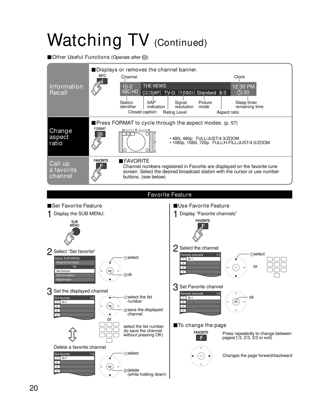 Panasonic TC-P50V10, TC-P54V10 Information, Recall, Change aspect ratio Call up, Favorite channel, Favorite Feature 