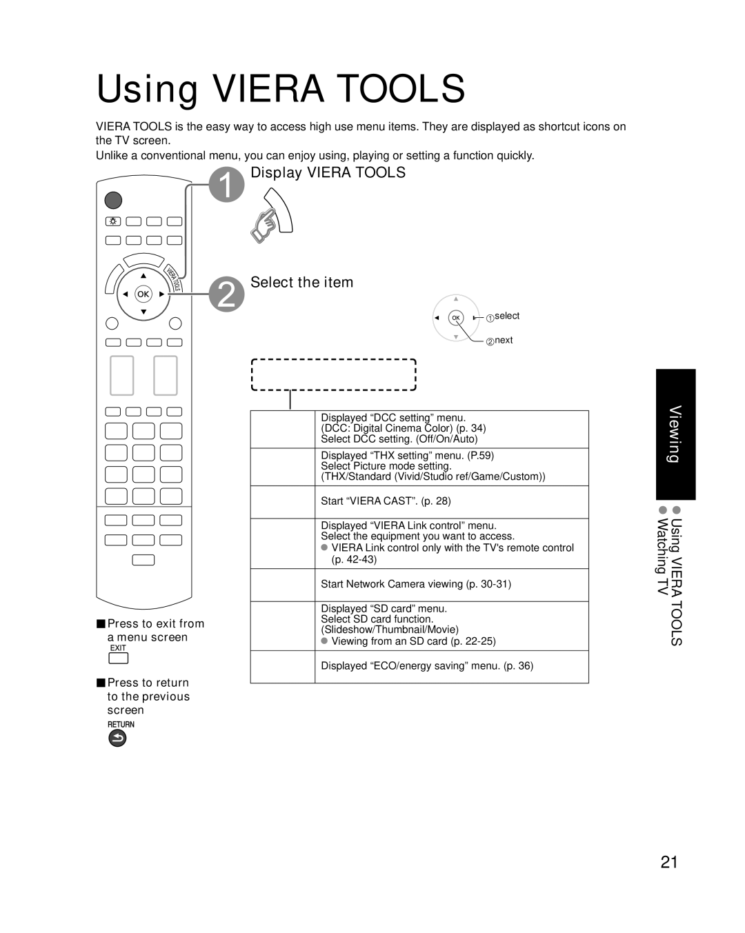 Panasonic TC-P54V10, TC-P50V10 quick start Using Viera Tools, Display Viera Tools Select the item, Select next 