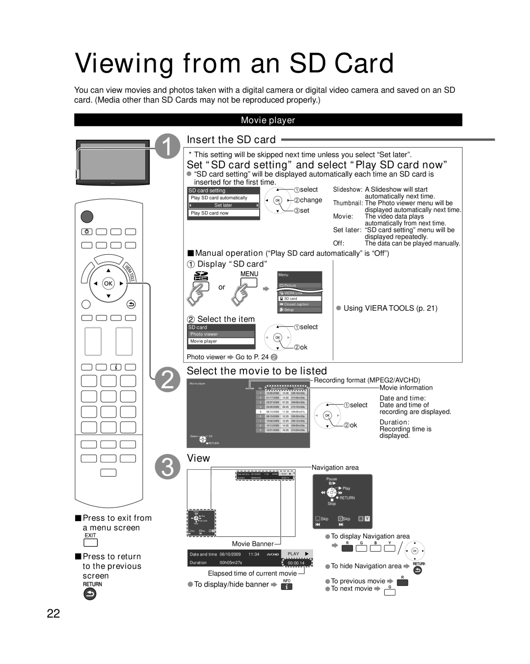 Panasonic TC-P50V10 Viewing from an SD Card, Insert the SD card, Set SD card setting and select Play SD card now 