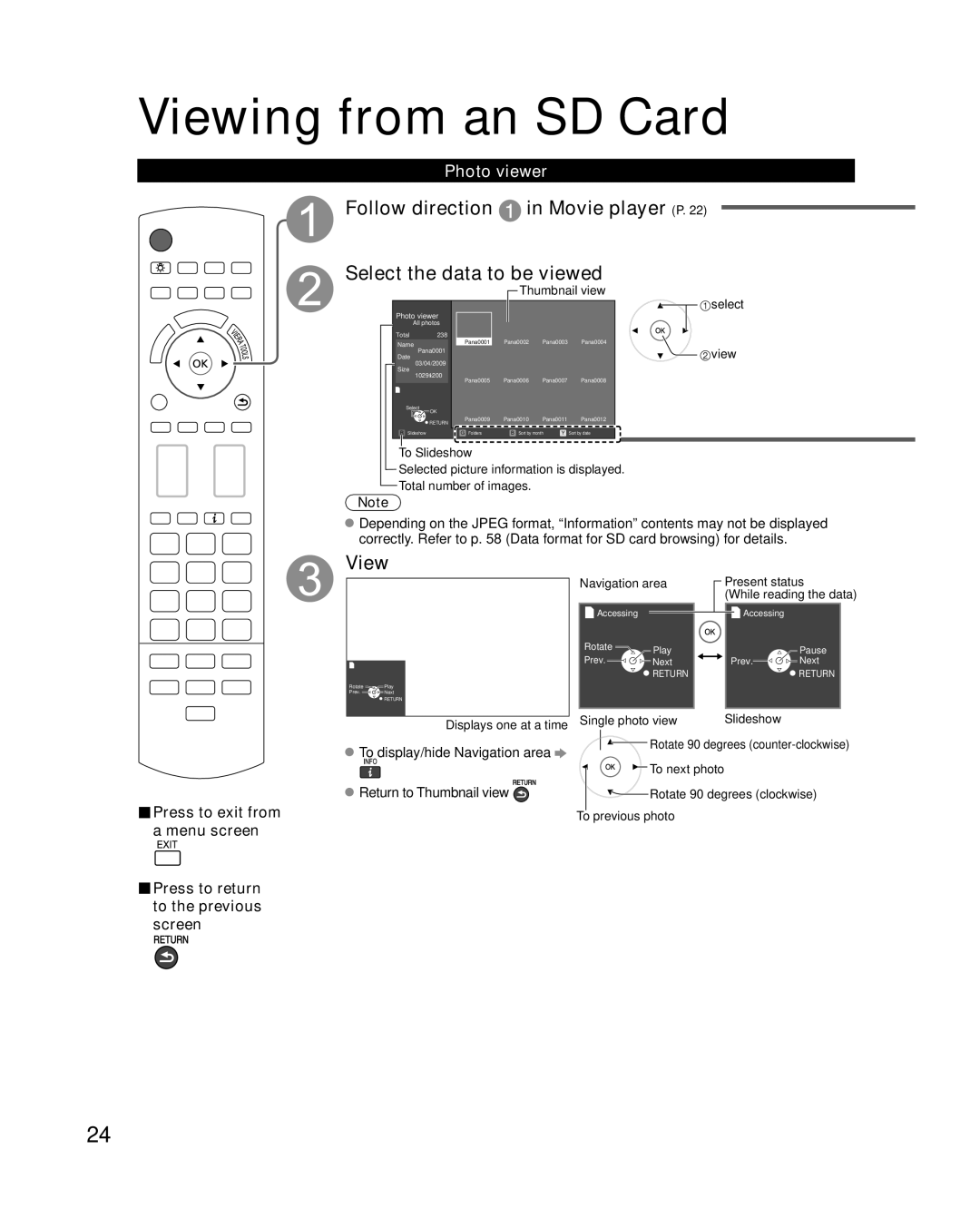 Panasonic TC-P50V10, TC-P54V10 Photo viewer, Press to exit from, Menu screen Press to return to the previous screen 