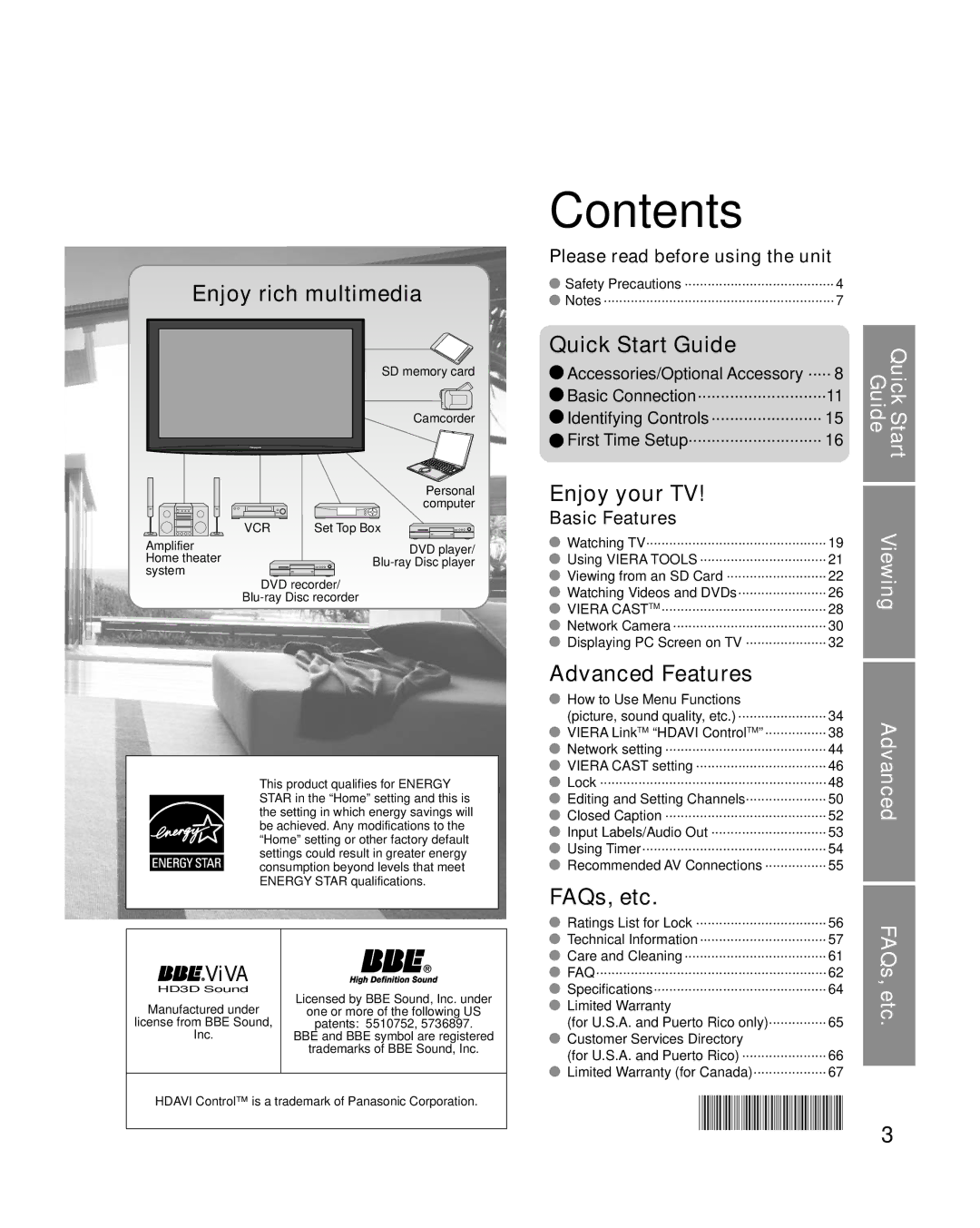 Panasonic TC-P54V10, TC-P50V10 quick start Contents 