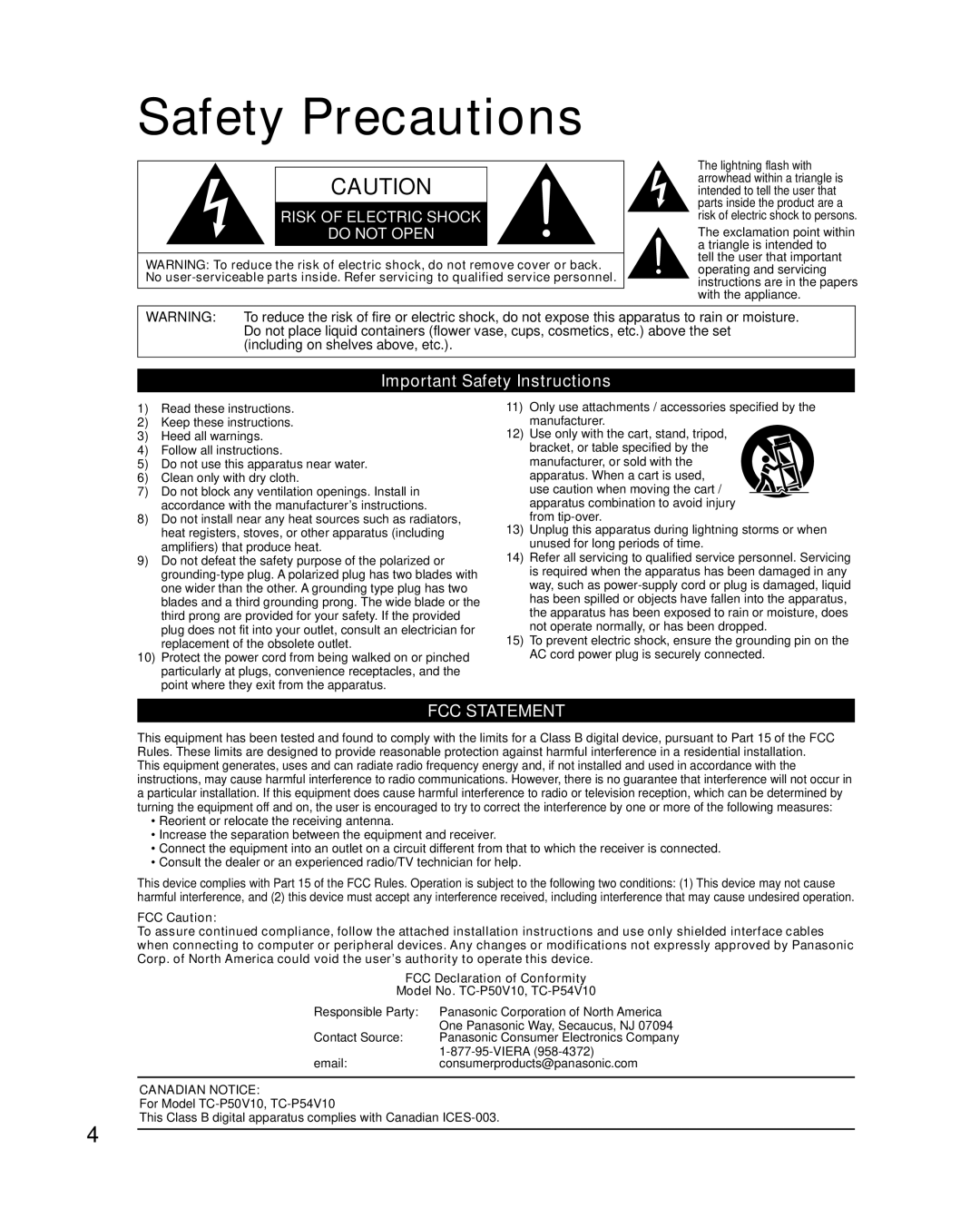 Panasonic TC-P50V10, TC-P54V10 Safety Precautions, Important Safety Instructions, Viera, Consumerproducts@panasonic.com 