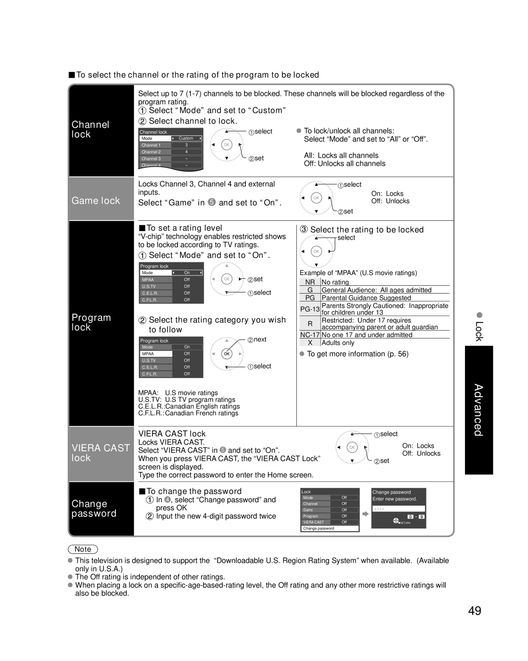 Panasonic TC-P54V10, TC-P50V10 quick start Channel lock, Game lock, Program lock, Viera Cast lock, Change password 