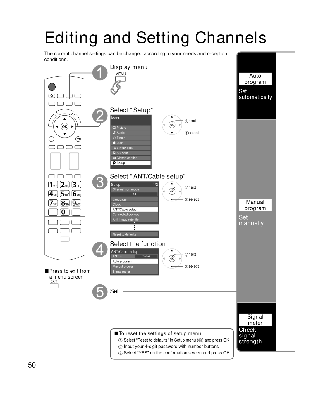 Panasonic TC-P50V10, TC-P54V10 Editing and Setting Channels, Select ANT/Cable setup, Set manually, Check signal strength 