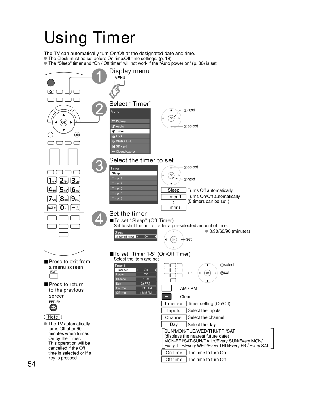 Panasonic TC-P50V10, TC-P54V10 quick start Using Timer, Display menu Select Timer, Select the timer to set, Set the timer 