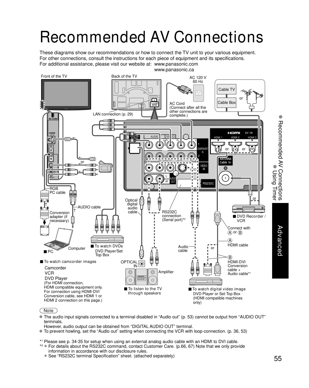 Panasonic TC-P54V10, TC-P50V10 Recommended AV Connections, DVD Recorder, To watch camcorder images, Through speakers 